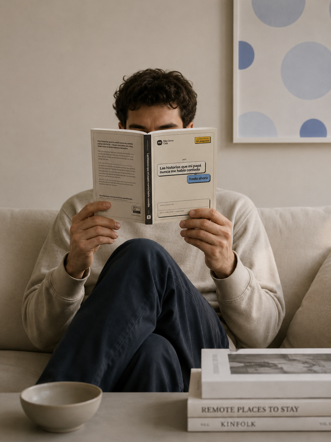 Hombre leyendo el libro Las historias de papá sentado en un sofá.